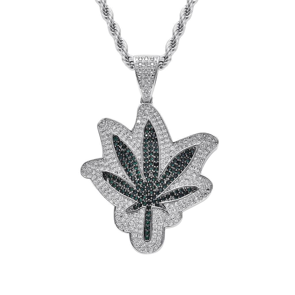 Iced-Out Maple Leaf Pendant Necklace, Green Zircon, Gold or Silver Tone (24" Rope Chain) - image 2