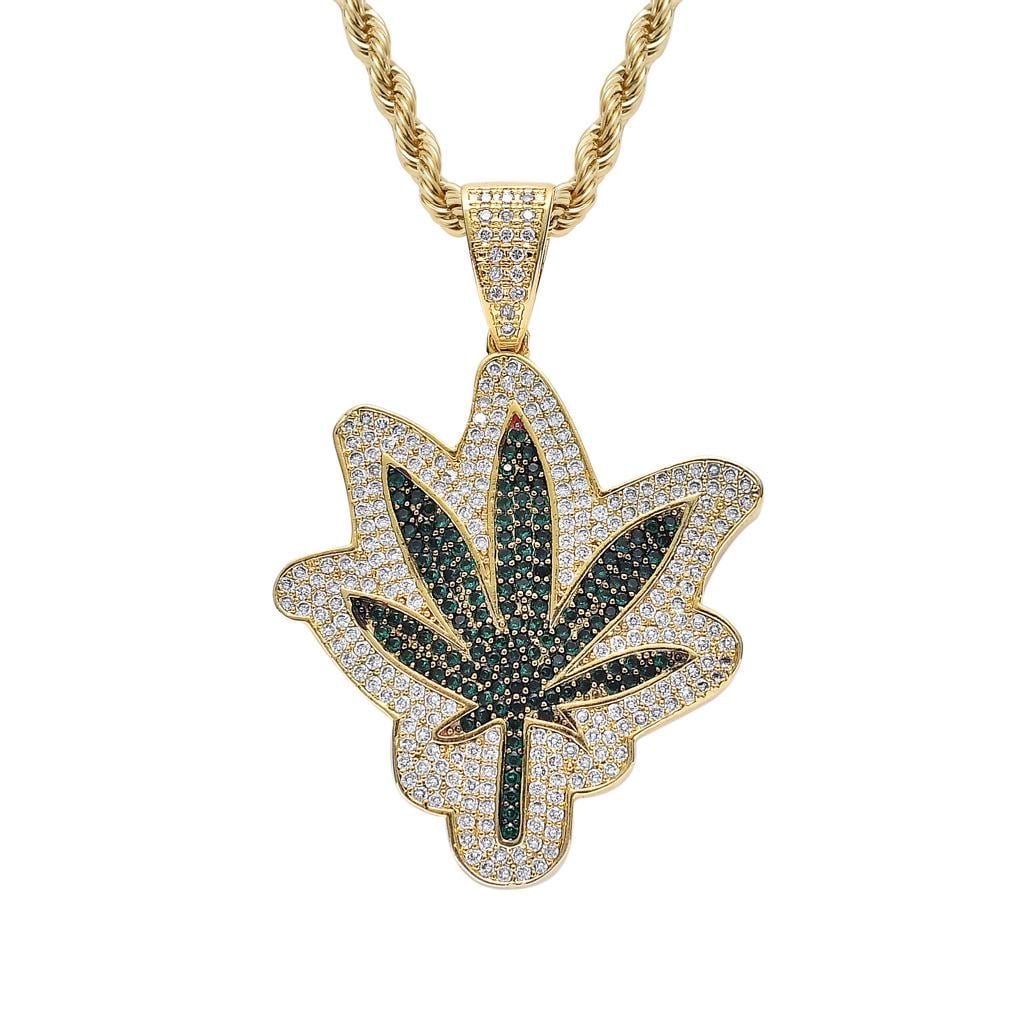 Iced-Out Maple Leaf Pendant Necklace, Green Zircon, Gold or Silver Tone (24" Rope Chain) - image 1