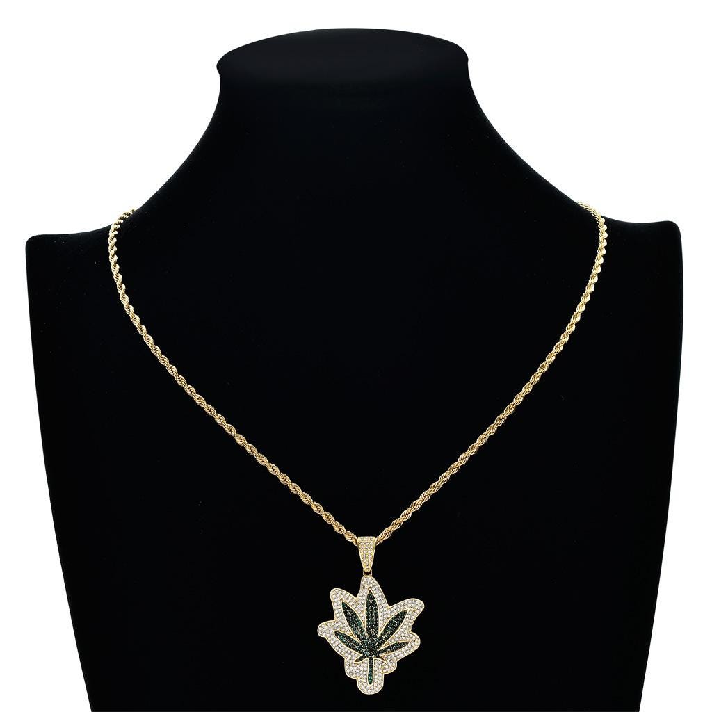 Iced-Out Maple Leaf Pendant Necklace, Green Zircon, Gold or Silver Tone (24" Rope Chain) - image 4