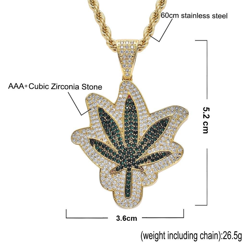 Iced-Out Maple Leaf Pendant Necklace, Green Zircon, Gold or Silver Tone (24" Rope Chain) - image 3