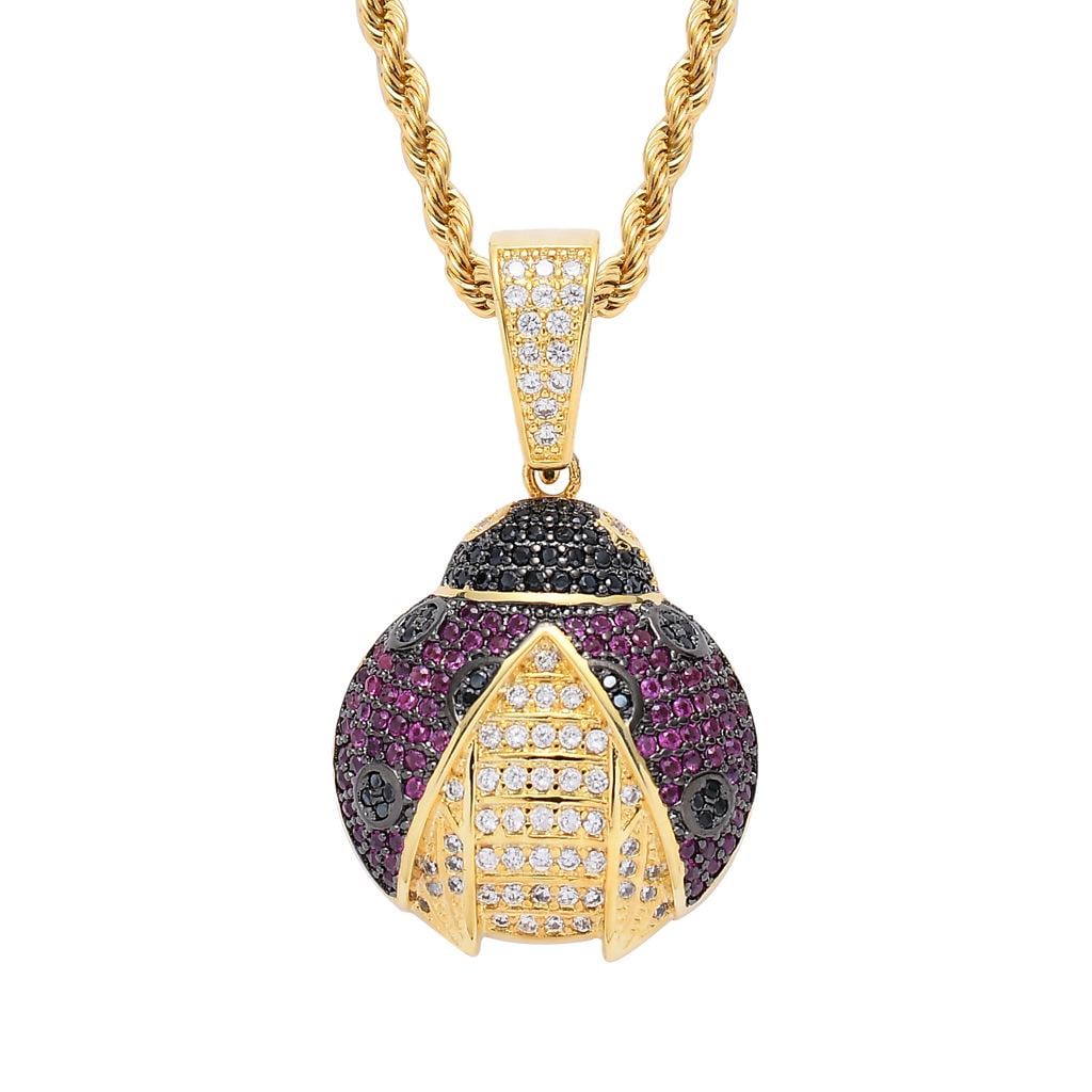 Iced Out Zircon Ladybug Pendant Necklace, Purple Black Accents, 24" Rope Chain - image 1