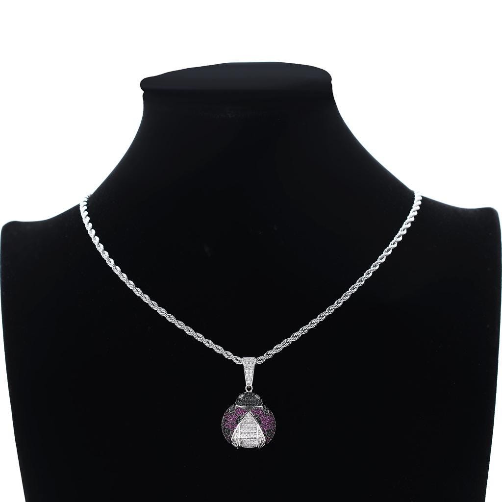 Iced Out Zircon Ladybug Pendant Necklace, Purple Black Accents, 24" Rope Chain - image 5