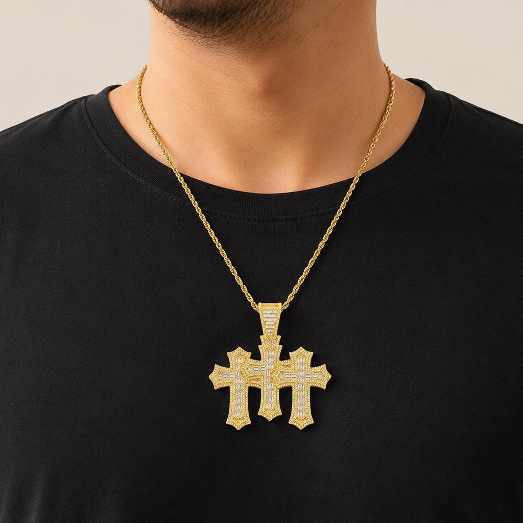 18K Gold Plated Triple Cross Pendant Necklace, Iced-Out Zircon T-Bar Chain for Men - image 4