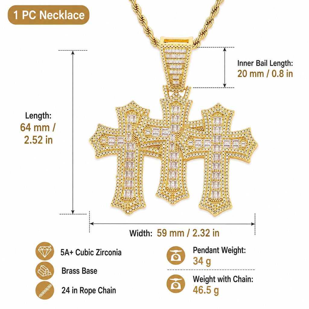 18K Gold Plated Triple Cross Pendant Necklace, Iced-Out Zircon T-Bar Chain for Men - image 3