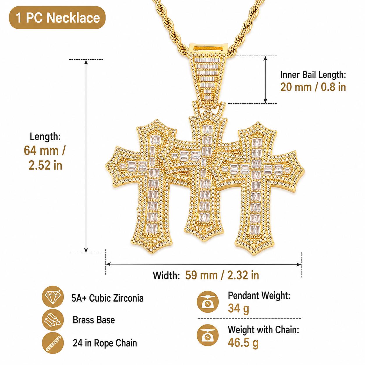 18K Gold Plated Triple Cross Pendant Necklace, Iced-Out Zircon T-Bar Chain for Men - image 3