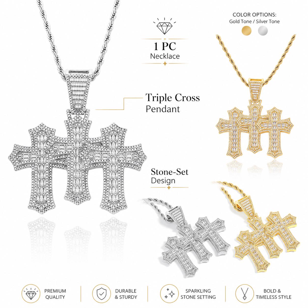 18K Gold Plated Triple Cross Pendant Necklace, Iced-Out Zircon T-Bar Chain for Men - image 5