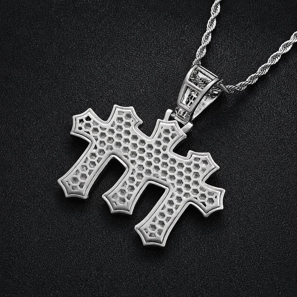 18K Gold Plated Triple Cross Pendant Necklace, Iced-Out Zircon T-Bar Chain for Men - image 6