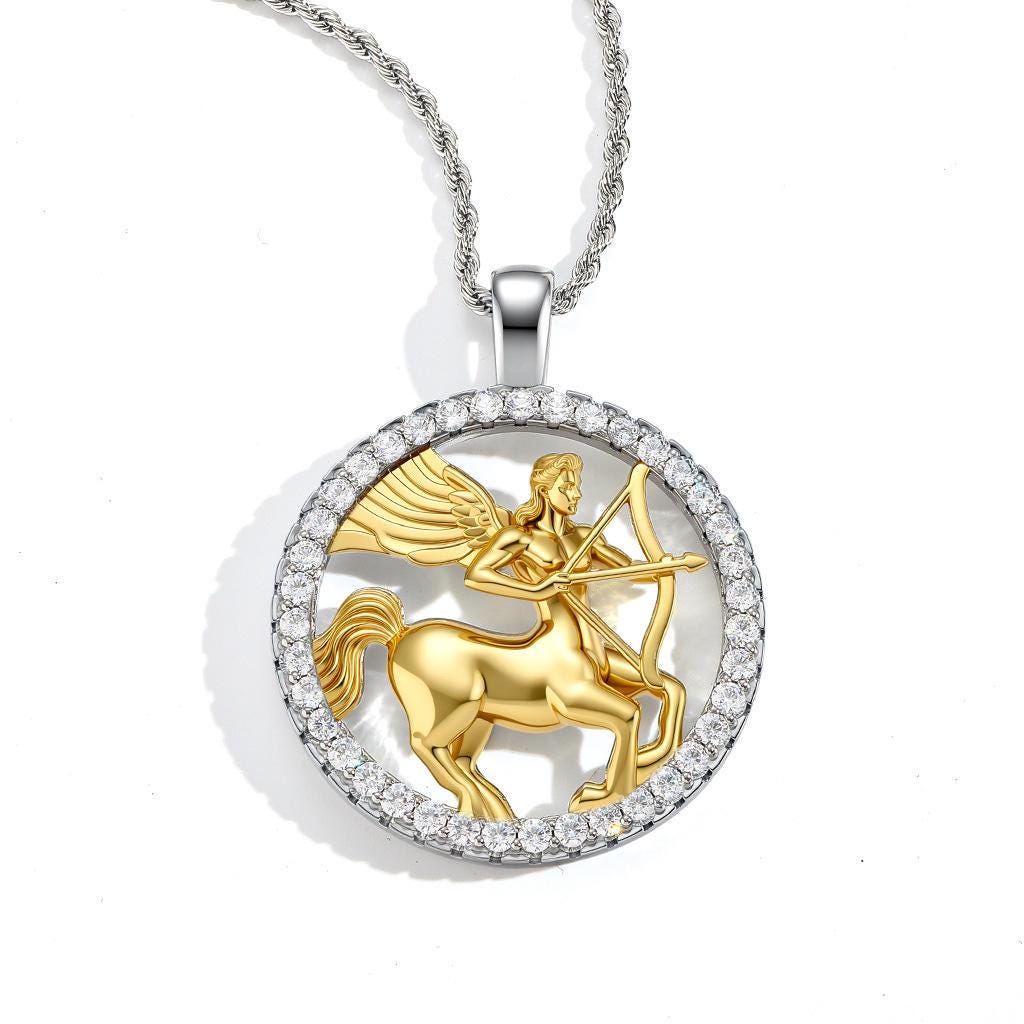 Centaur Archer Pendant Necklace, Iced Out CZ, Two-Tone Gold Silver Rope Chain (24 Inch) - image 3