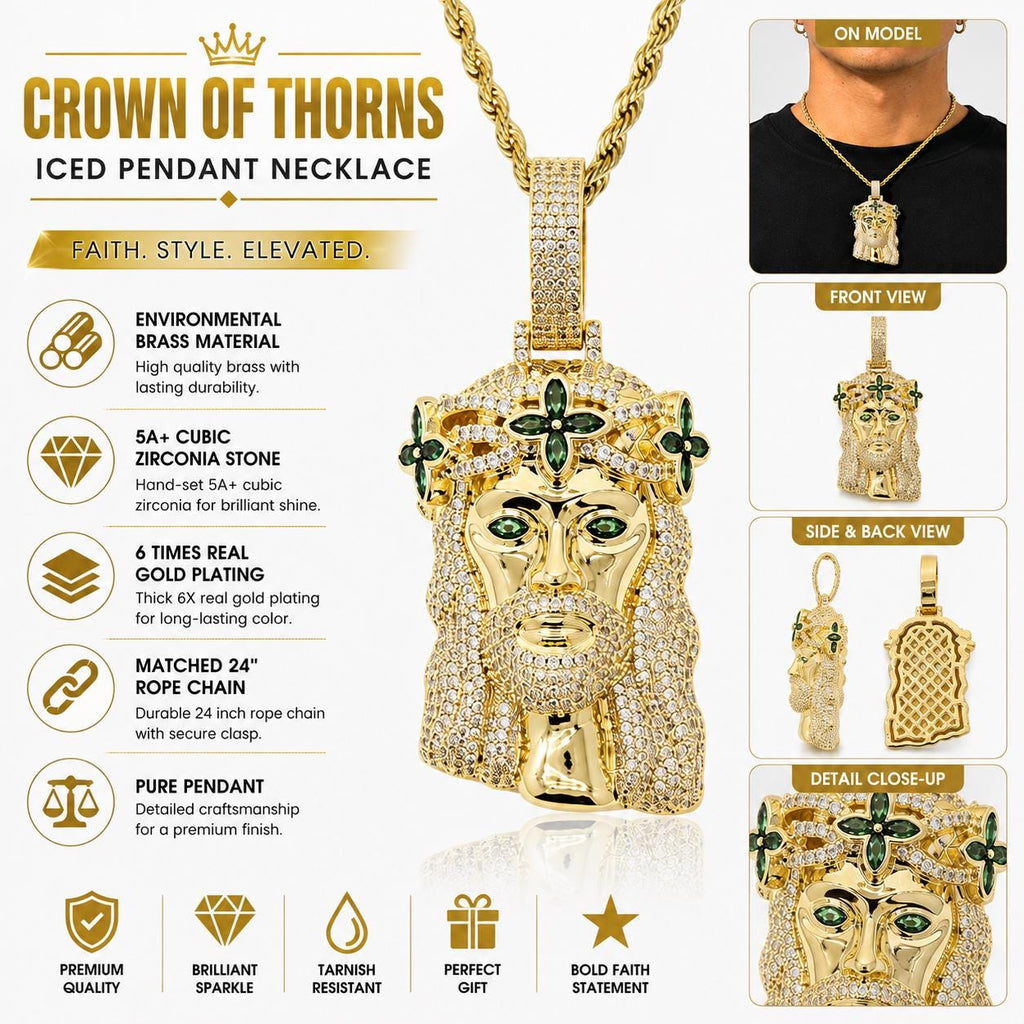 Iced Out Crown of Thorns Zircon Pendant Chapter Necklace, Gold or Silver Rope Chain - image 4
