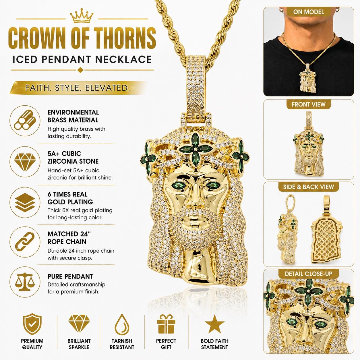 Iced Out Crown of Thorns Zircon Pendant Chapter Necklace, Gold or Silver Rope Chain - image 4