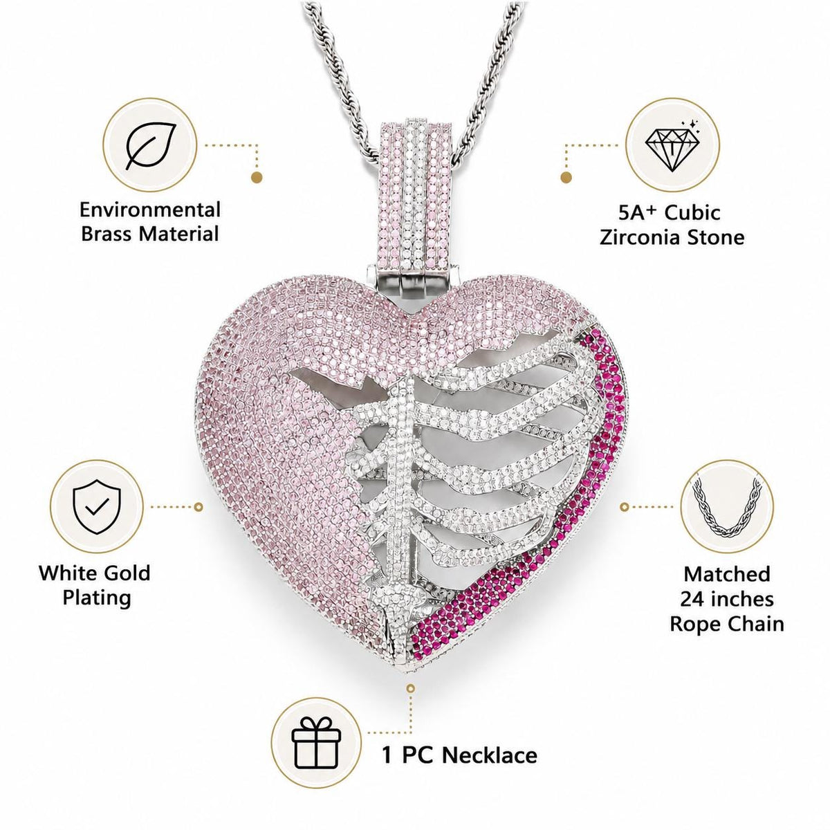 Iced Out Skeleton Heart Pendant Necklace, 5A+ CZ, Pink Accents, 24" Rope Chain - image 4