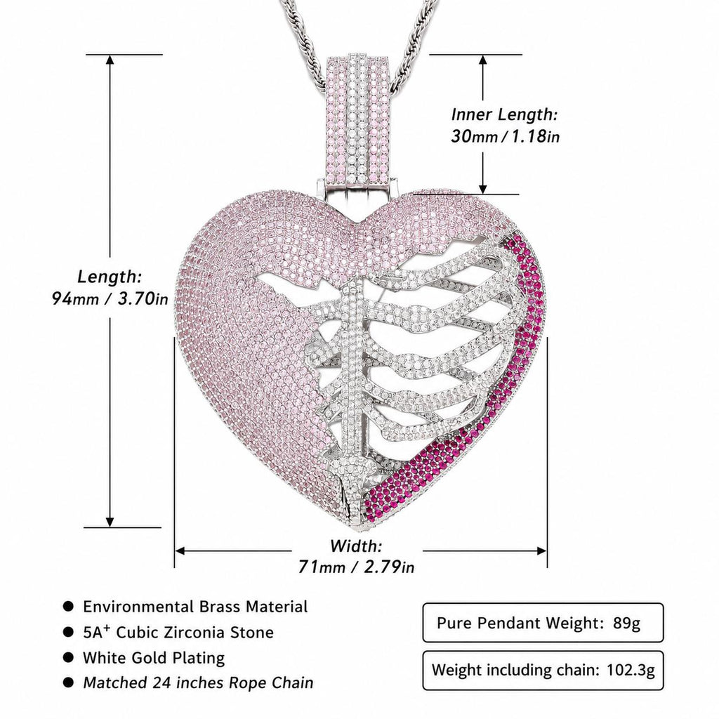 Iced Out Skeleton Heart Pendant Necklace, 5A+ CZ, Pink Accents, 24" Rope Chain - image 2
