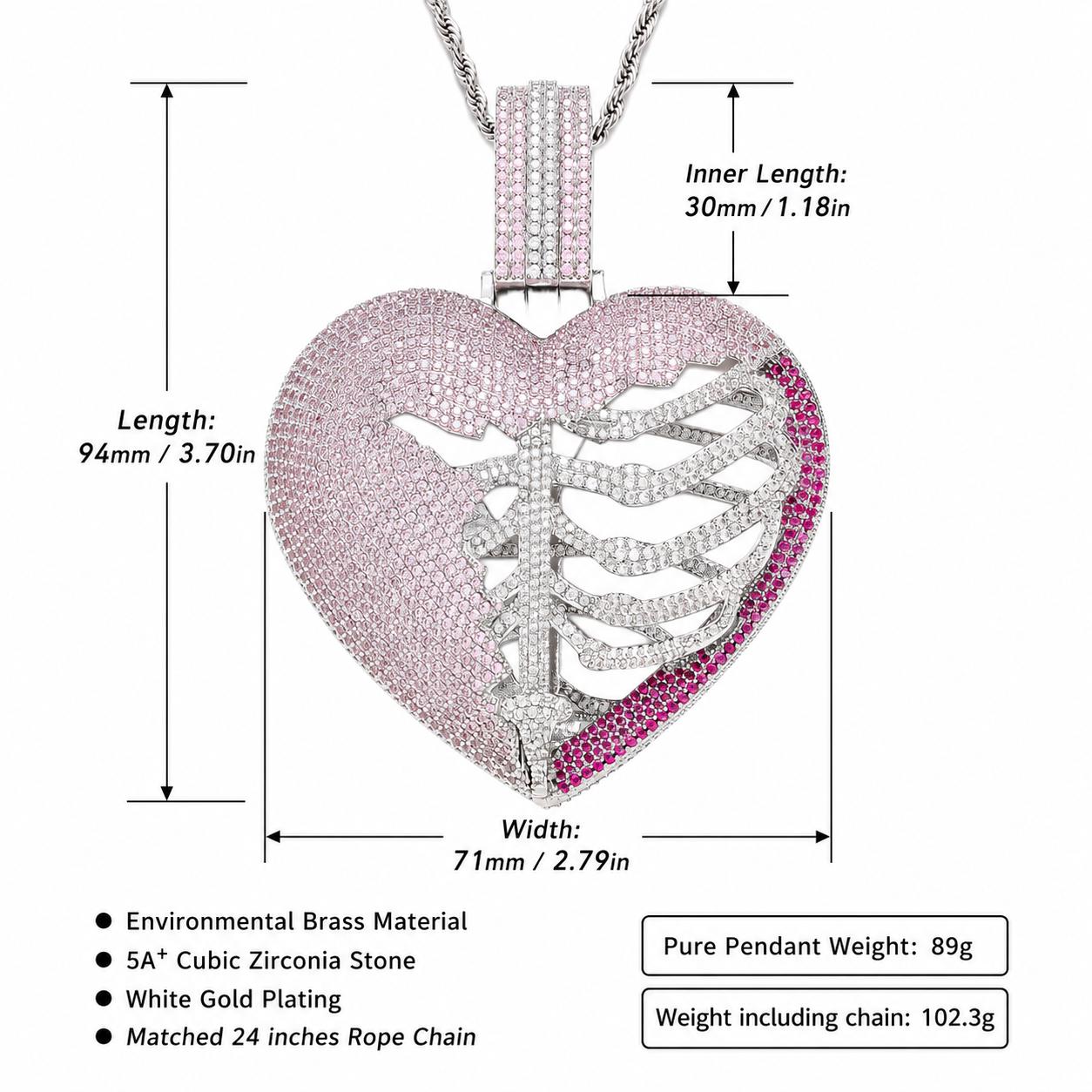 Iced Out Skeleton Heart Pendant Necklace, 5A+ CZ, Pink Accents, 24" Rope Chain - image 2