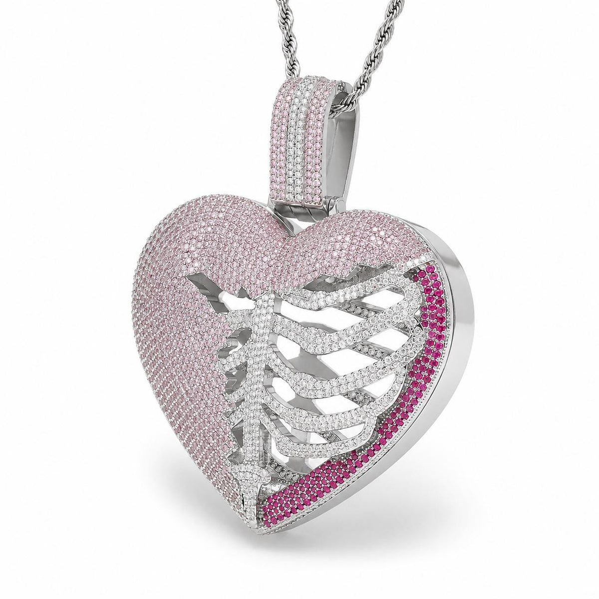 Iced Out Skeleton Heart Pendant Necklace, 5A+ CZ, Pink Accents, 24" Rope Chain - image 5