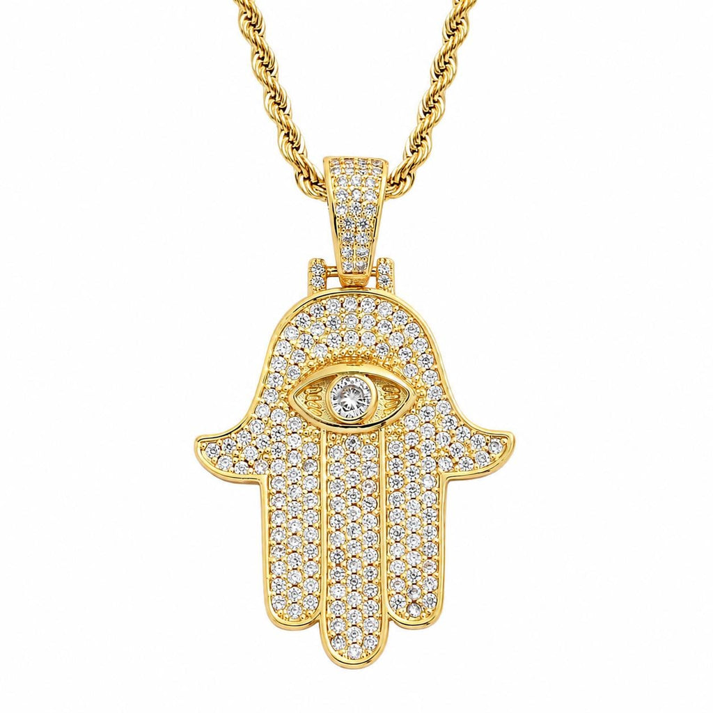 Iced Out Hamsa Hand Pendant Necklace, Evil Eye Zircon, 14K Gold Filled, 24" Chain - image 1