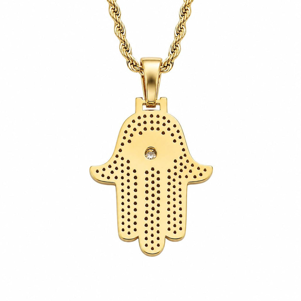 Iced Out Hamsa Hand Pendant Necklace, Evil Eye Zircon, 14K Gold Filled, 24" Chain - image 6