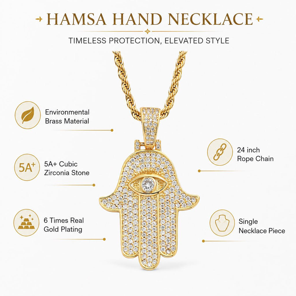 Iced Out Hamsa Hand Pendant Necklace, Evil Eye Zircon, 14K Gold Filled, 24" Chain - image 5