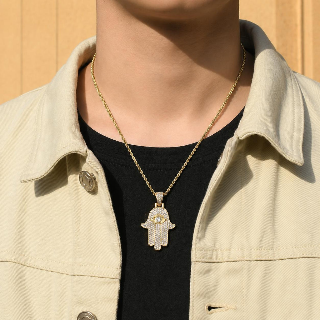 Iced Out Hamsa Hand Pendant Necklace, Evil Eye Zircon, 14K Gold Filled, 24" Chain - image 4