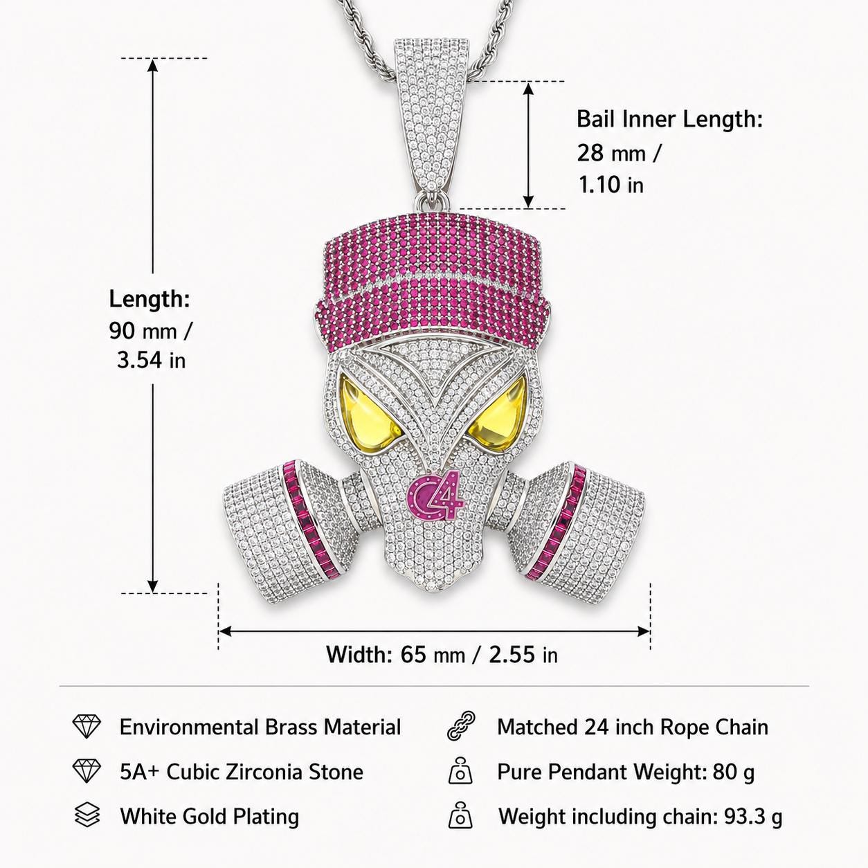 Iced Out Zircon Gas Mask Skull Pendant, Pink Stone Accents, 24" Rope Chain - image 3