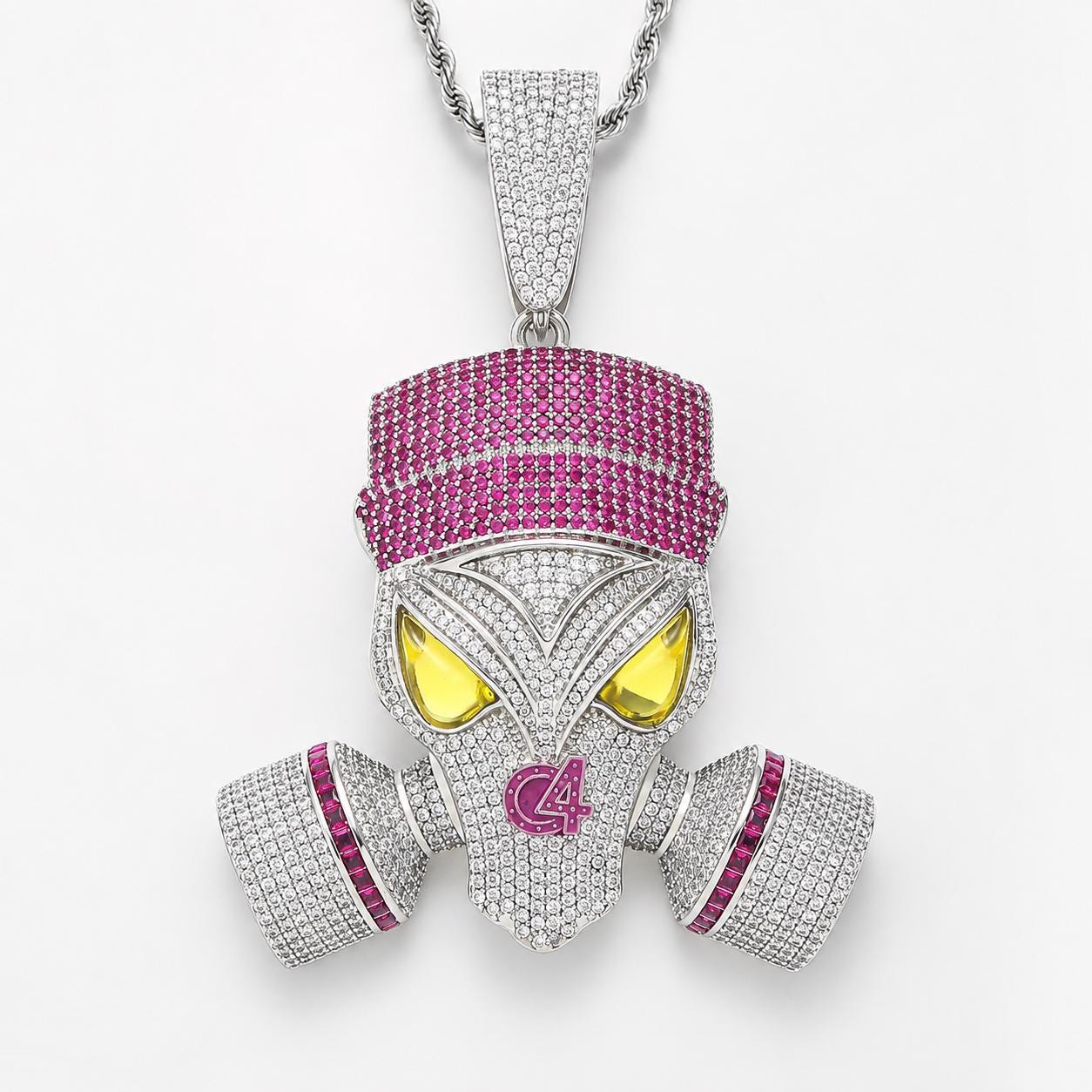 Iced Out Zircon Gas Mask Skull Pendant, Pink Stone Accents, 24" Rope Chain - image 1