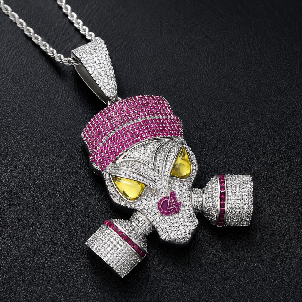 Iced Out Zircon Gas Mask Skull Pendant, Pink Stone Accents, 24" Rope Chain - image 4