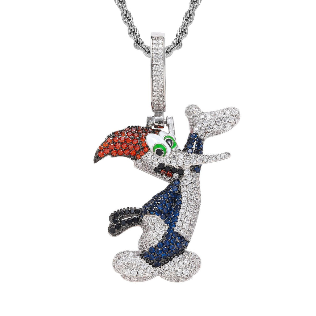 Iced Out Woodpecker Pendant Necklace, 18K Gold Plated CZ Bird, 24" Rope Chain - image 1