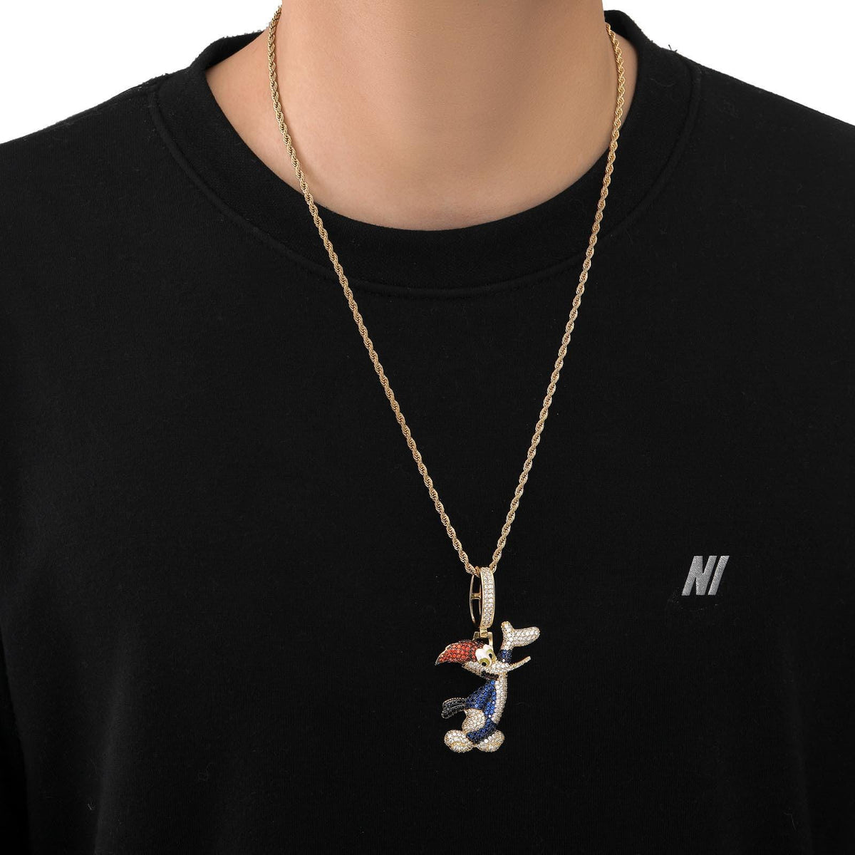 Iced Out Woodpecker Pendant Necklace, 18K Gold Plated CZ Bird, 24" Rope Chain - image 4