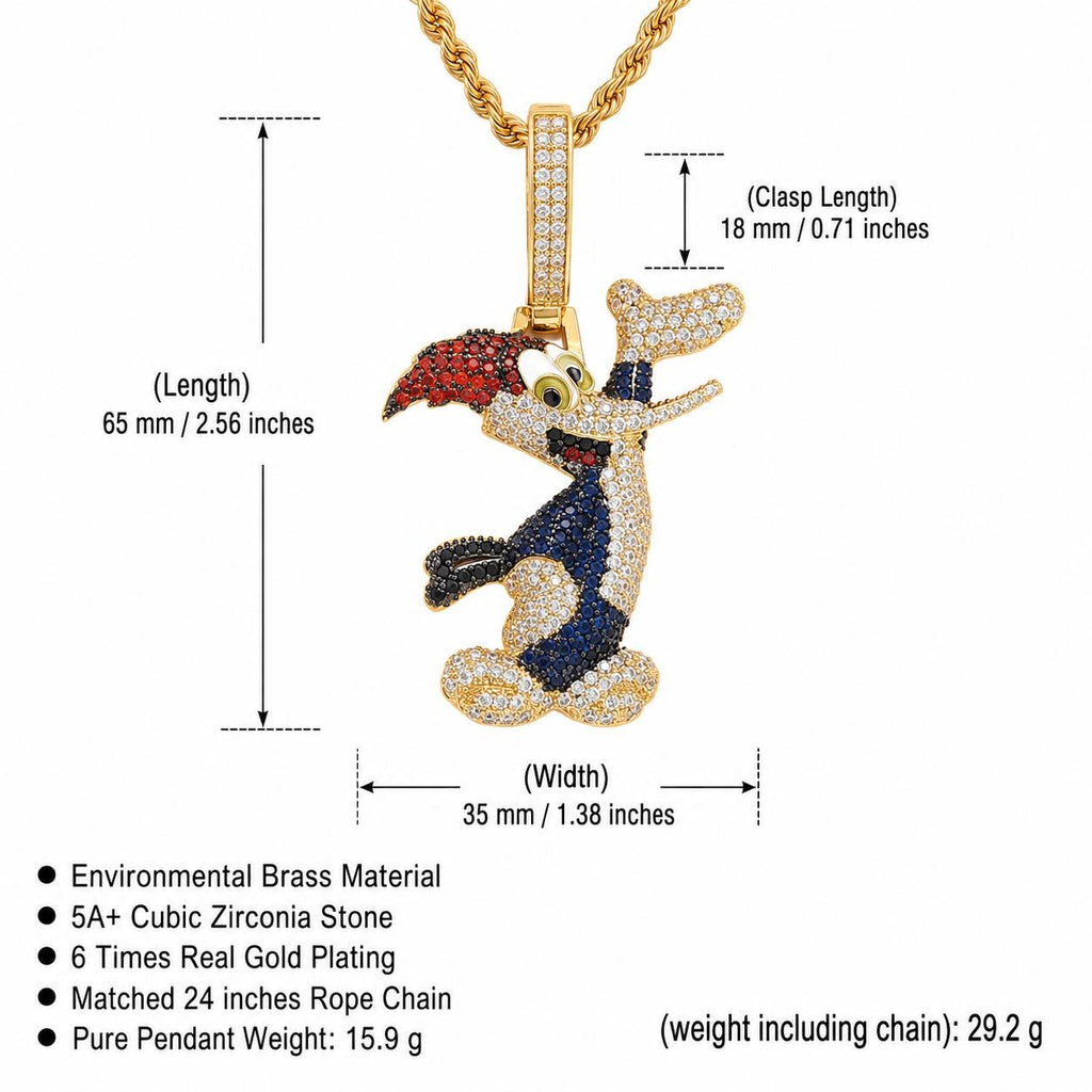 Iced Out Woodpecker Pendant Necklace, 18K Gold Plated CZ Bird, 24" Rope Chain - image 3