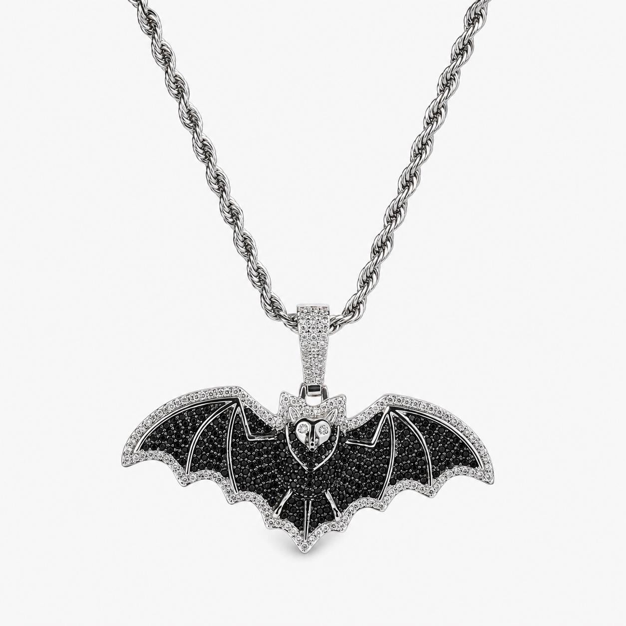 Dark Gothic Bat Pendant Necklace, Iced-Out Zircon, 24" Rope Chain - image 1