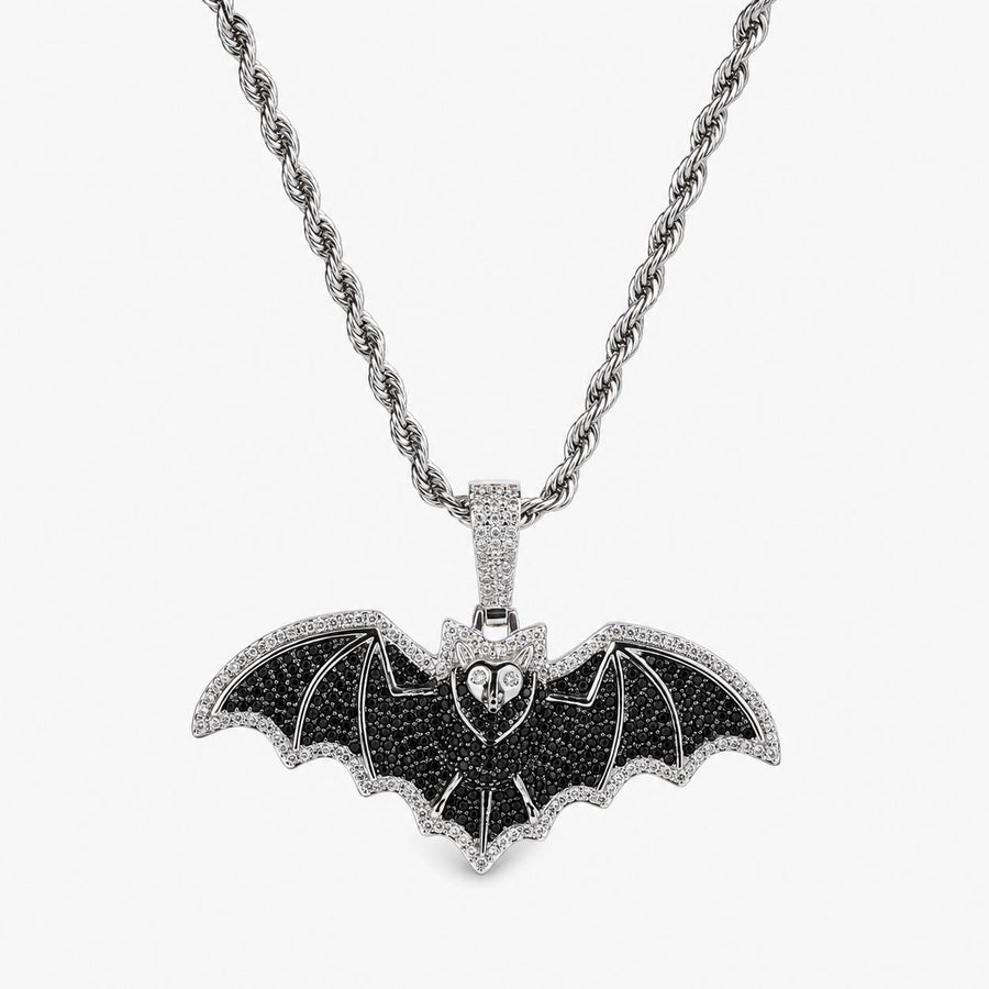 Dark Gothic Bat Pendant Necklace, Iced-Out Zircon, 24" Rope Chain - image 1
