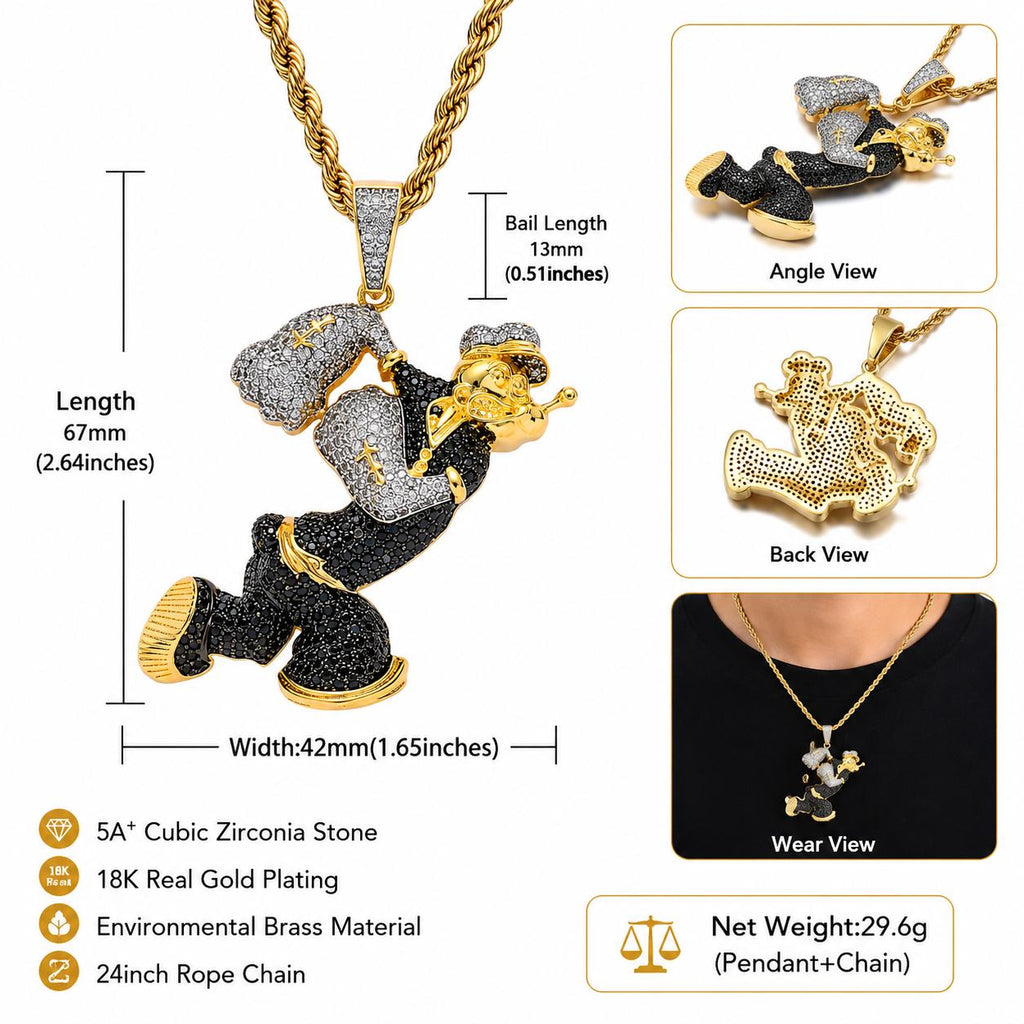 Iced Out Zircon Sailor Pendant Necklace, Gold Tone Rope Chain, Hip Hop Statement Jewelry - image 2