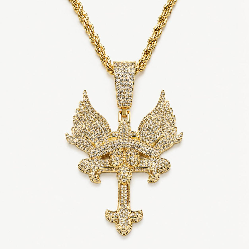 Iced Out Angel Wing Cross Pendant Necklace, 18K Gold Plated Zircon, 24" Rope Chain - image 1