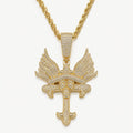 Iced Out Angel Wing Cross Pendant Necklace, 18K Gold Plated Zircon, 24" Rope Chain - image 1
