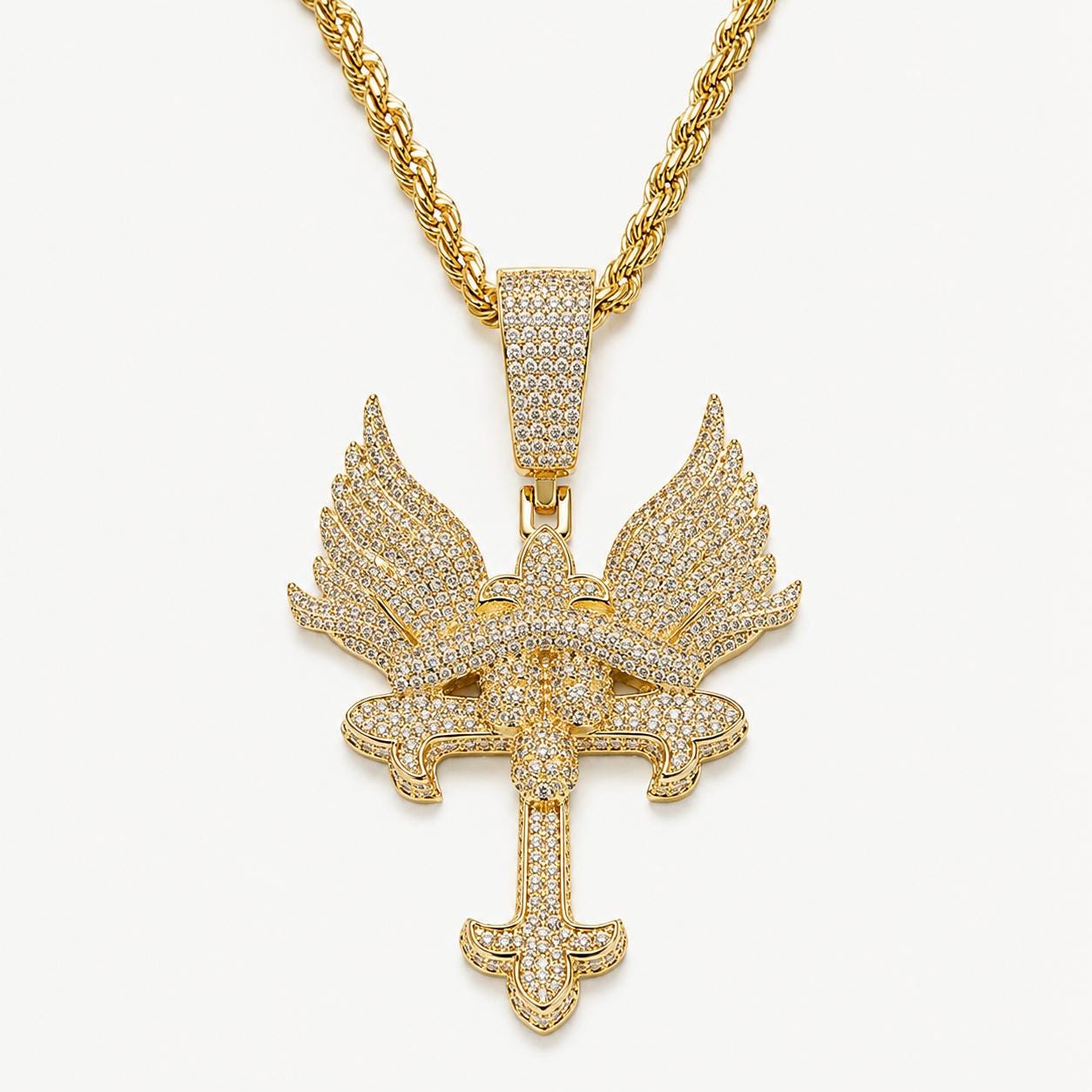 Iced Out Angel Wing Cross Pendant Necklace, 18K Gold Plated Zircon, 24" Rope Chain - image 1
