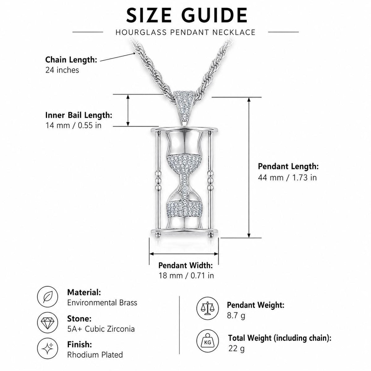 Iced Out Hourglass Pendant Necklace, 5A+ CZ Timepiece, Gold or Silver Rope Chain - image 3