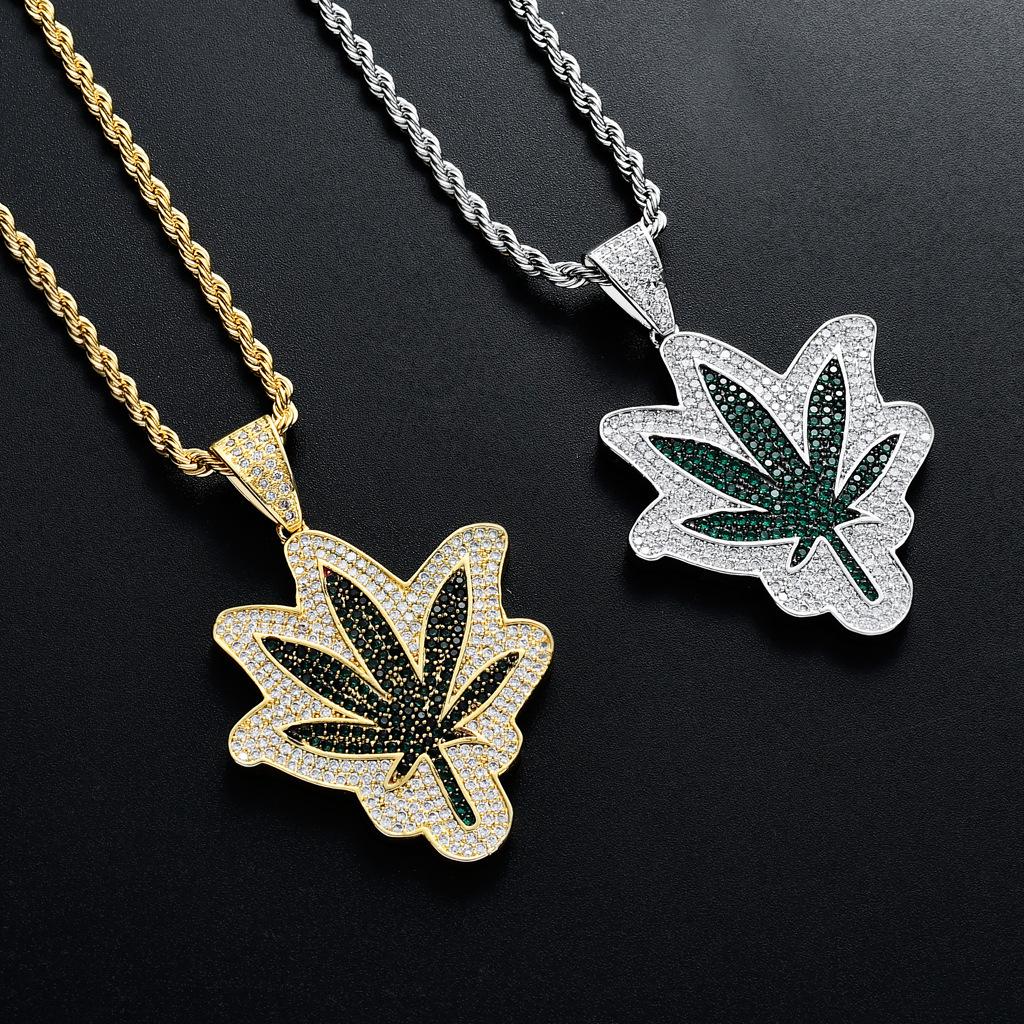 Iced-Out Maple Leaf Pendant Necklace, Green Zircon, Gold or Silver Tone (24" Rope Chain) - image 6