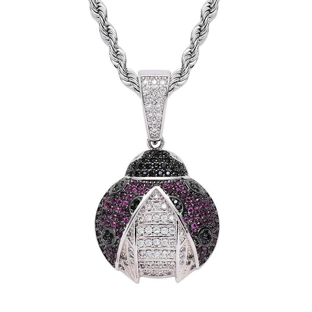 Iced Out Zircon Ladybug Pendant Necklace, Purple Black Accents, 24" Rope Chain - image 2
