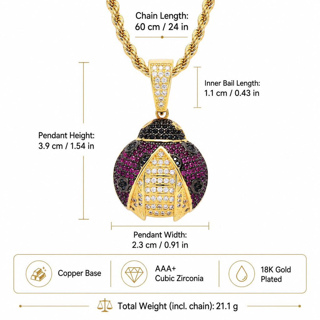 Iced Out Zircon Ladybug Pendant Necklace, Purple Black Accents, 24" Rope Chain - image 3