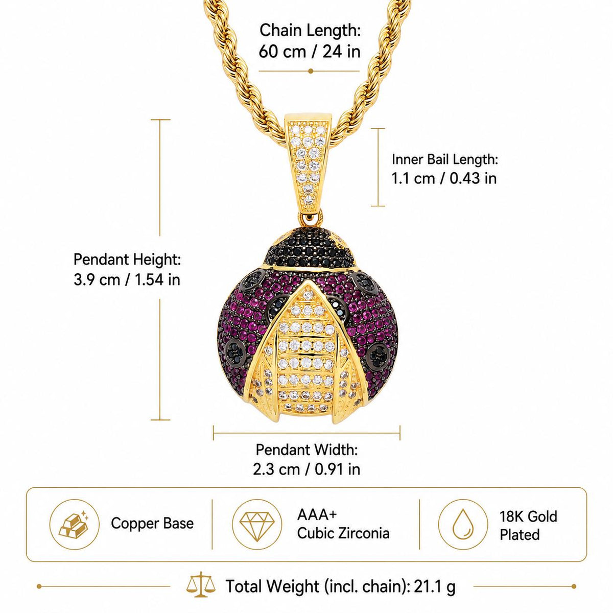 Iced Out Zircon Ladybug Pendant Necklace, Purple Black Accents, 24" Rope Chain - image 3